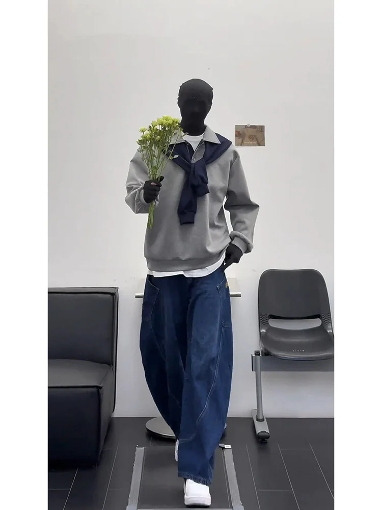 

Мужские джинсы Deep Blue Washed Loose с эффектом потертости, весенние, в американском стиле High Street, прямые брюки, рабочие штаны