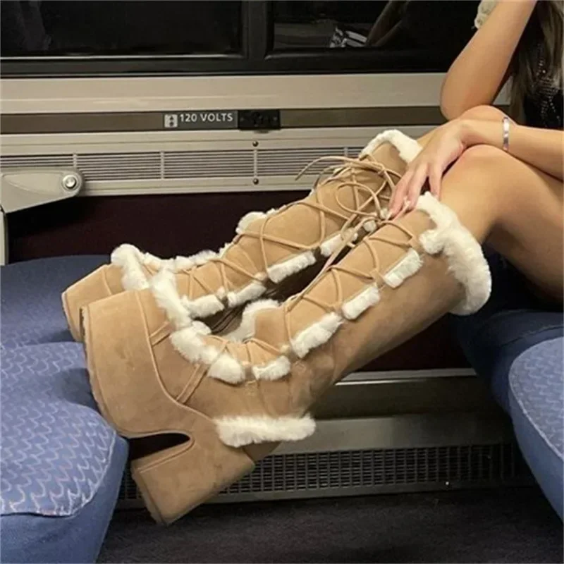 Handmade-made Winter Women Goth Snow Boots Platform Wedge High Heel Faux Fur Shoe Female Plush Warm Non-slip Mid Calf Goth Shoes