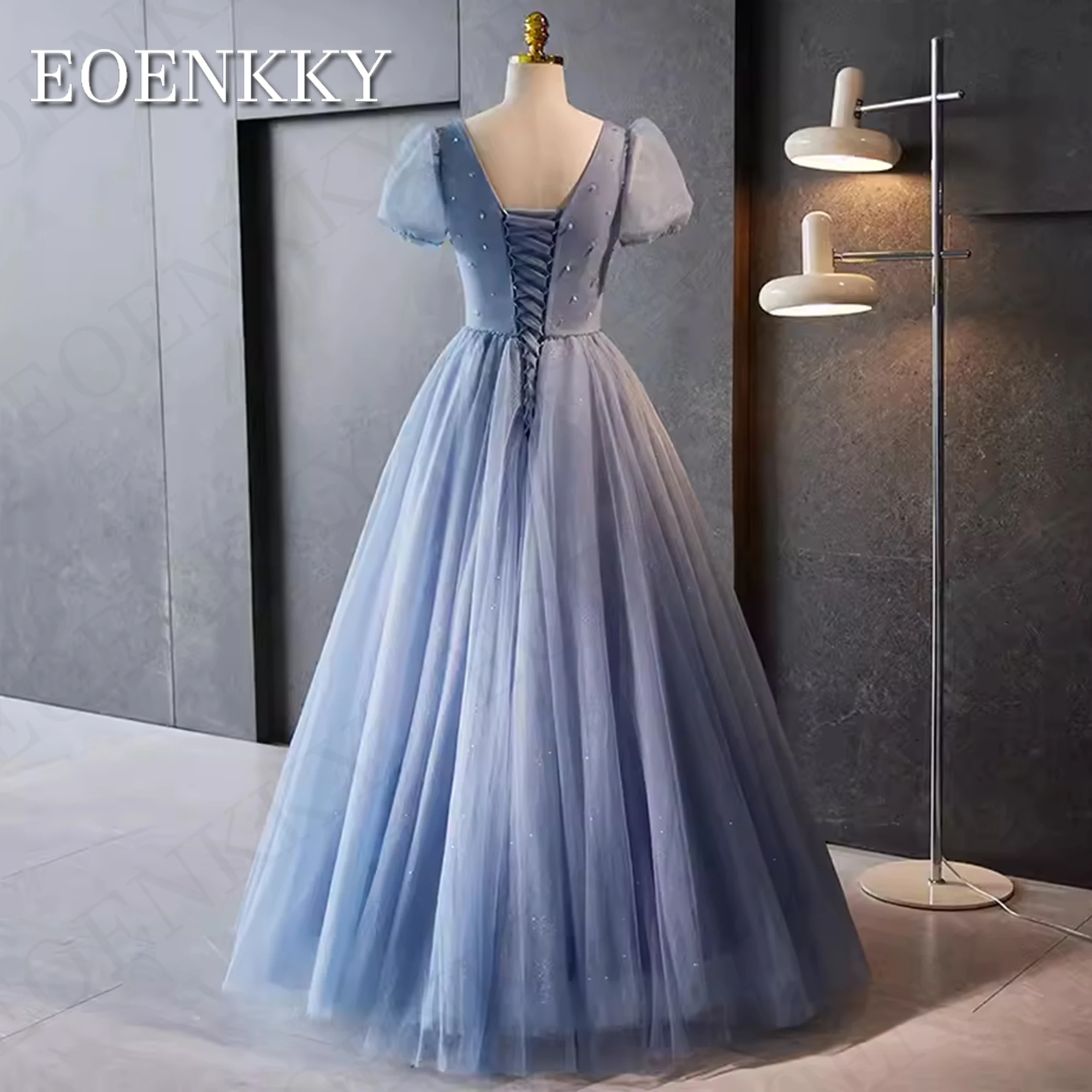 Glitter Princess Tulle Prom Dress Blue Puff Sleeves A Line Sparkly Birthday Dresses Luxury vestidos de fiesta Beading V Neck