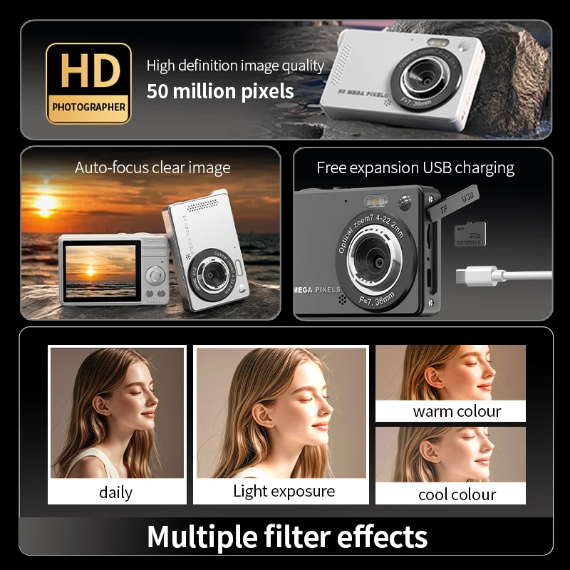 Câmeras digitais 4K Câmera portátil de vlogging de 50 MP Câmera filmadora com zoom 16X Tela LCD de 2,8 polegadas para fotografia e vídeo