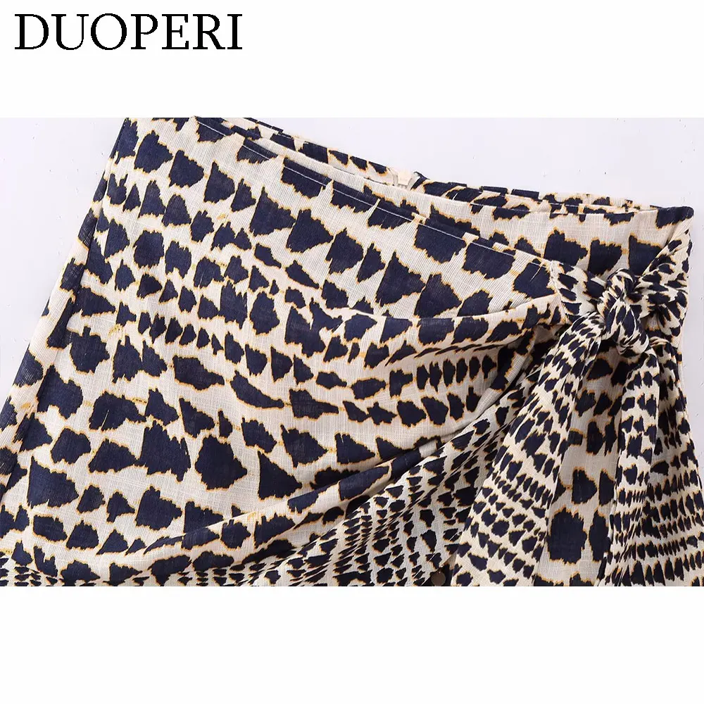 DUOPERI Women Fashion Printed Mini Salon Skirt High Waist With Bowknot Beaded Hem Female Chic Lady Casual Short Skirt