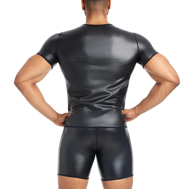 Męska seksowna koszulka skórzana z krótkim rękawem, wyszczuplająca bielizna modelująca sylwetkę, gorsety modelujące talię, bielizna modelująca brzuch, skórzana koszula.