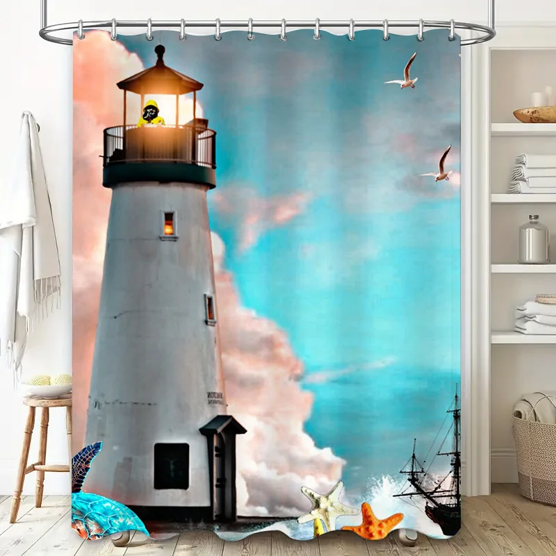 Lighthouse-themed shower curtain with seagulls, ships, starfish, and fish designs for a marine-inspired bathroom decor