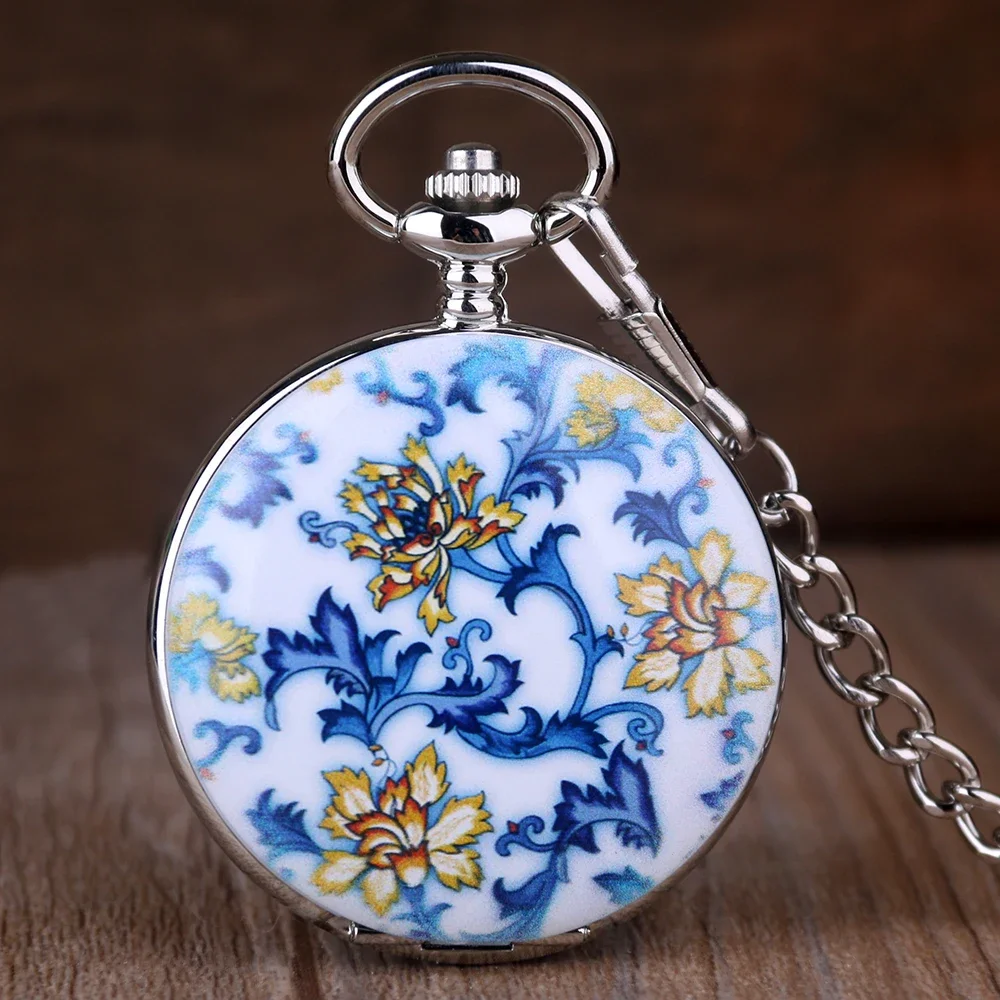 New Blue and White Porcelain Flower Design Pocket Watches Roman Number Steampunk Mechanical Pocket Watches Men Women Fob Chain
