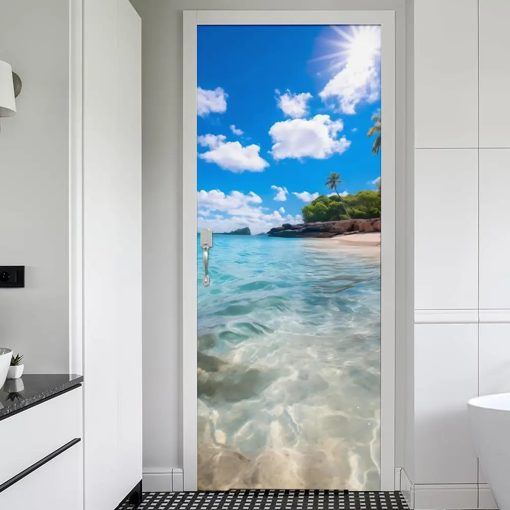 

Sunshine Island Beach Seascape Peel and Stick 3D Door Mural Self-Adhesive Waterproof Removable Door Sticker