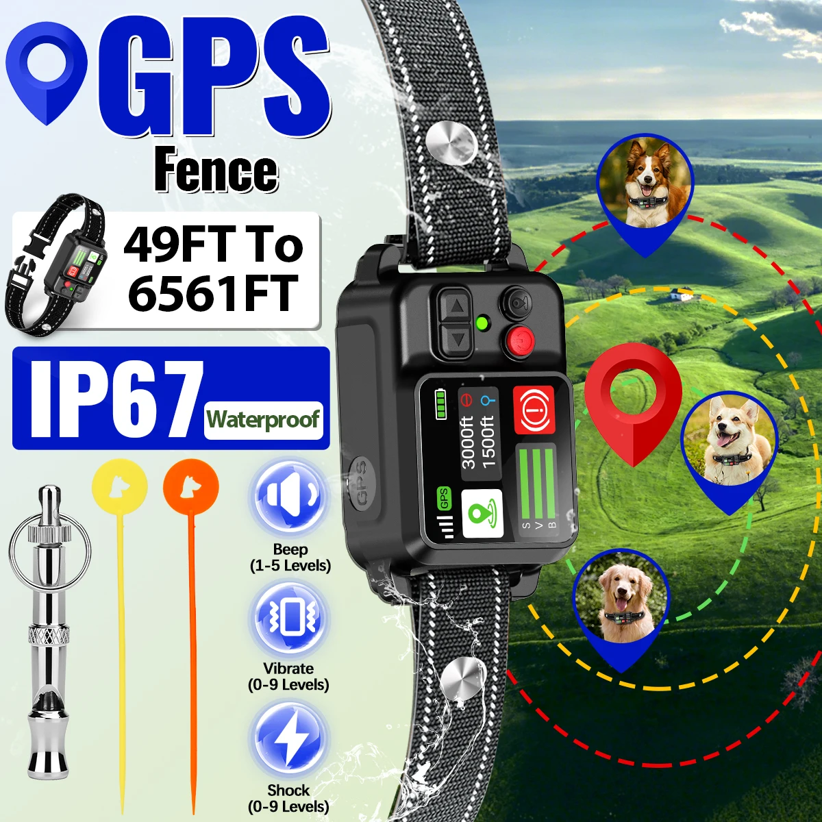 

Беспроводной GPS-ошейник-электронный забор Orcleab для дрессировки собак, водонепроницаемый (IP67), с электрошоком, для средних и крупных собак