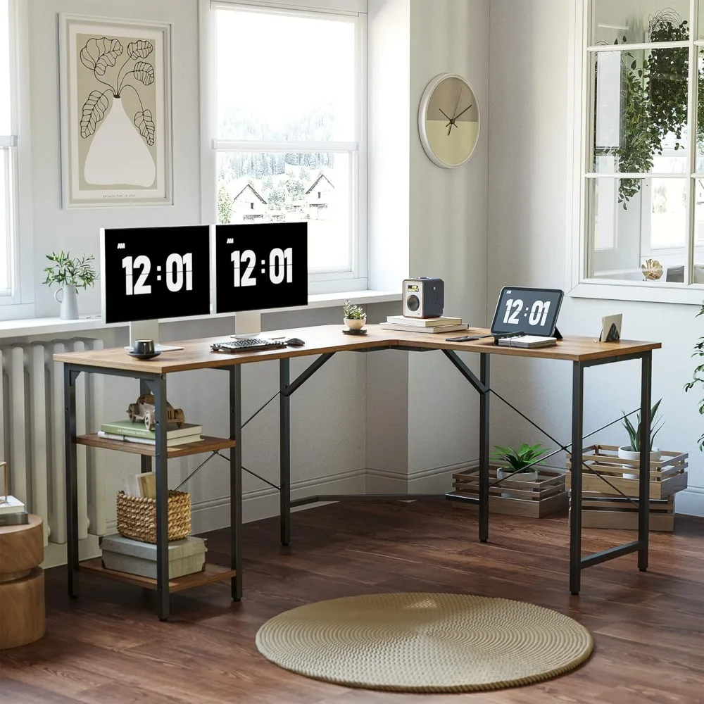 مكتب زاوية على شكل حرف L قابل للعكس مقاس 59.1 بوصة مع أرفف تخزين، مكتب دراسة ألعاب مكتب منزلي واسع باللون البني الريفي