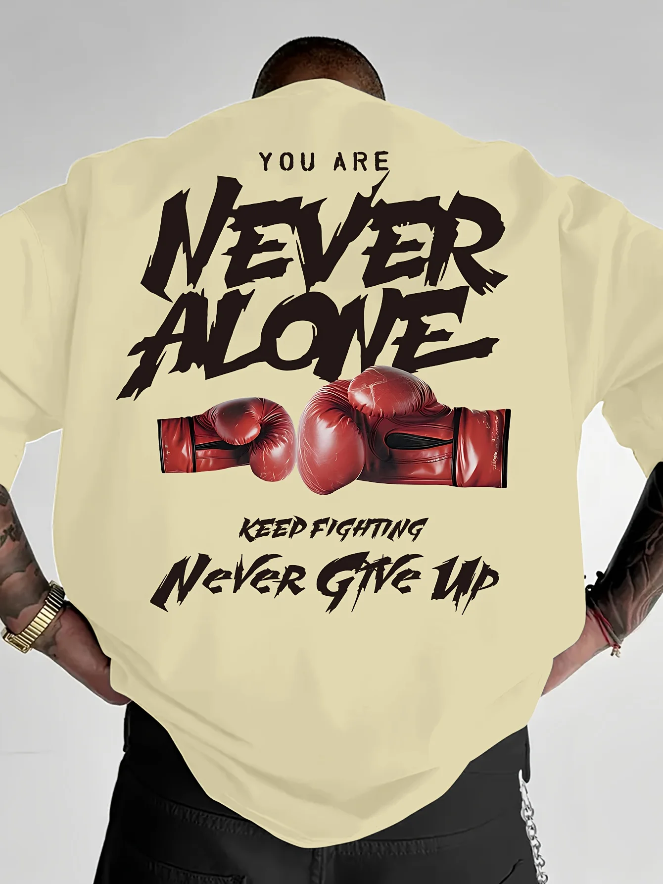 NEVER ALONE Boxing Glove T-Shirt Summer Men's Tracksuit Crew Neck Tops Casual Breathable Sportswear Harajuku Fashion Streetwear