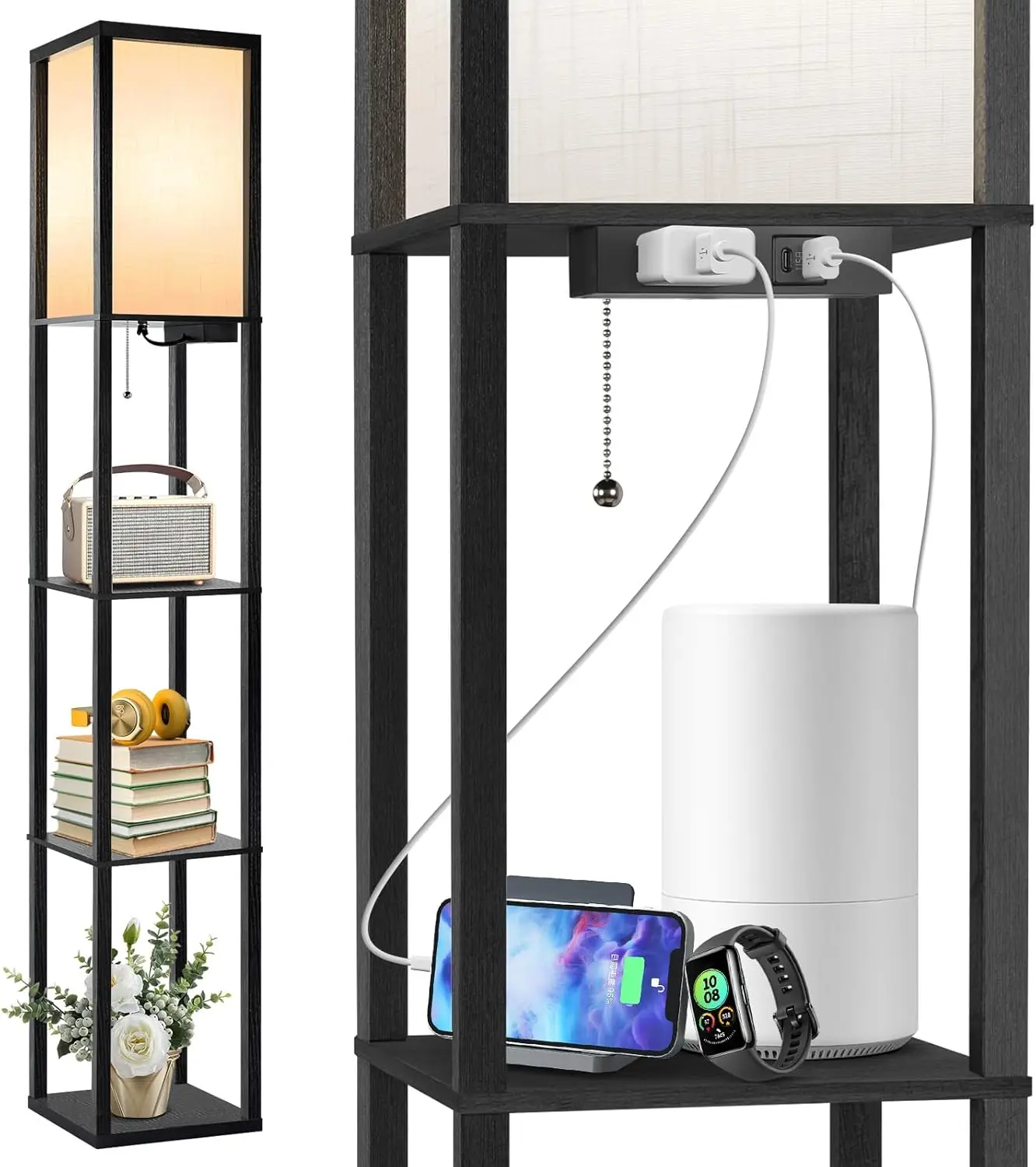 

Outon Floor Lamp With Shelves, Led Shelf Floor Lamp With 1 Usb & 1 Type C Ports, 1 Ac Outlet, 3 Color Temperature, Storage