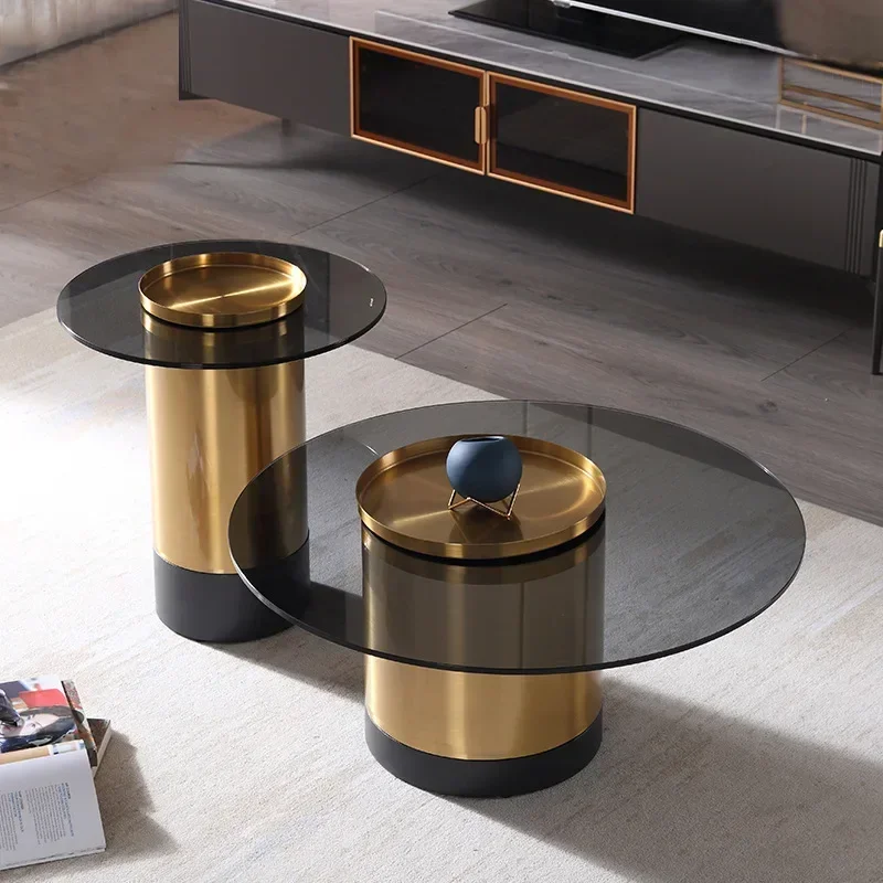 Home Furniture Glass Top Living Room Round Tables Luxury Sofa Side Center Coffee Table Set With Gold Stainless Steel Leg