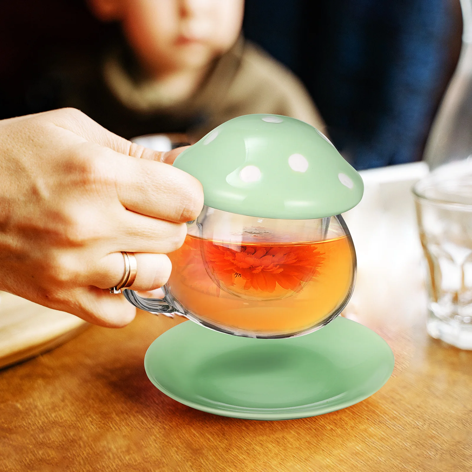 Taza de Té de Vidrio con Tapa con Filtro Desmontable y Posavasos de Cerámica, Diseño de Hongo, para Té, Leche, Café, Taza Infusora, Hogar, Cocina