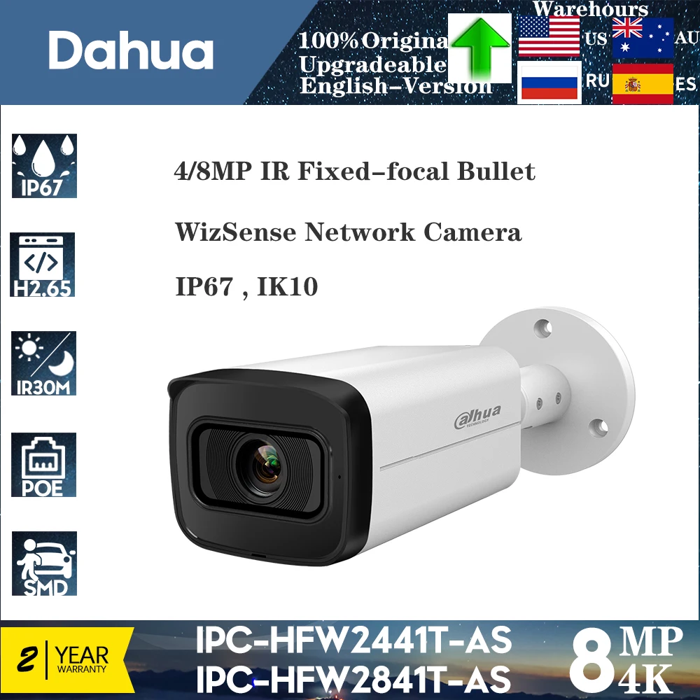 

Original Dahua 4MP IPC-HFW2441T-AS & 8MP IPC-HFW2841T-AS IR Fixed-focal Bullet WizSense Network Camera Built in MIC