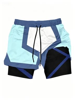 Summer Fresh Blue Classic Black and White Red and White Color Blocked Double-layer Fake Two-piece Men's Sports Shorts