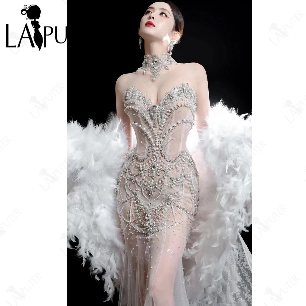 Luxury Pearls Crystal Bridal Wedding Dresses Mermaid Sweetheart Neck Feathers Prom Dress Illusion Nude Body Bride Party Gown