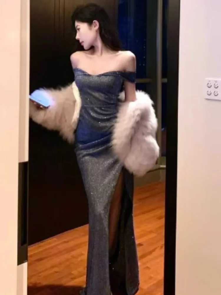 Vestido de Festa Sexy com Lantejoulas Azul de Um Ombro, Vestido de Cauda de Peixe para Mulheres, Vestido Longo para Festa de ...