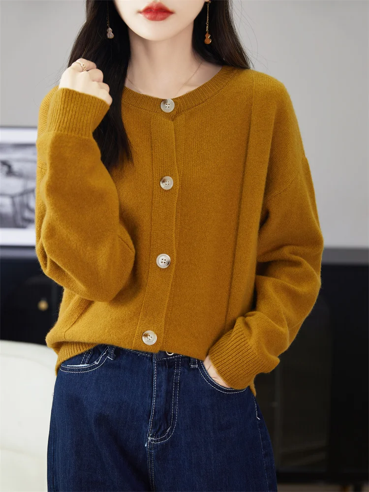ADDONEE Autumn Winter Women O-neck Cardigan 100% Merino Wool Knitwear Long Sleeve Loose Cashmere Sweater Korean Popular Tops