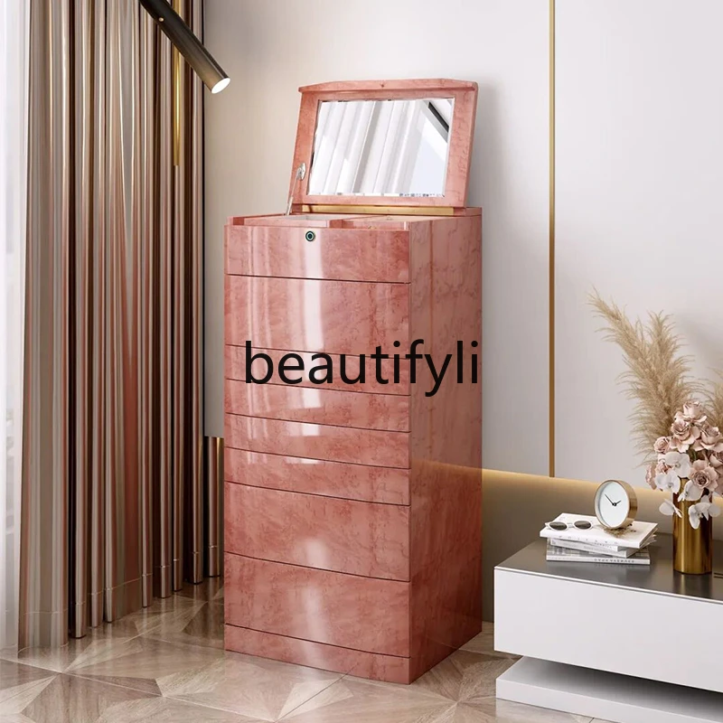 Light luxury fingerprint lock jewelry cabinet Modern household solid wood jewelry storage cabinet with mirror