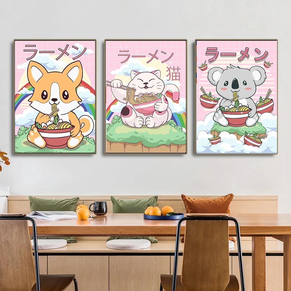 Japanese Food Kawaii Cuisine Ramen Poster Panda Eat Noodles Canvas Painting Wall Picture Print Restaurant Kitchen Decoration