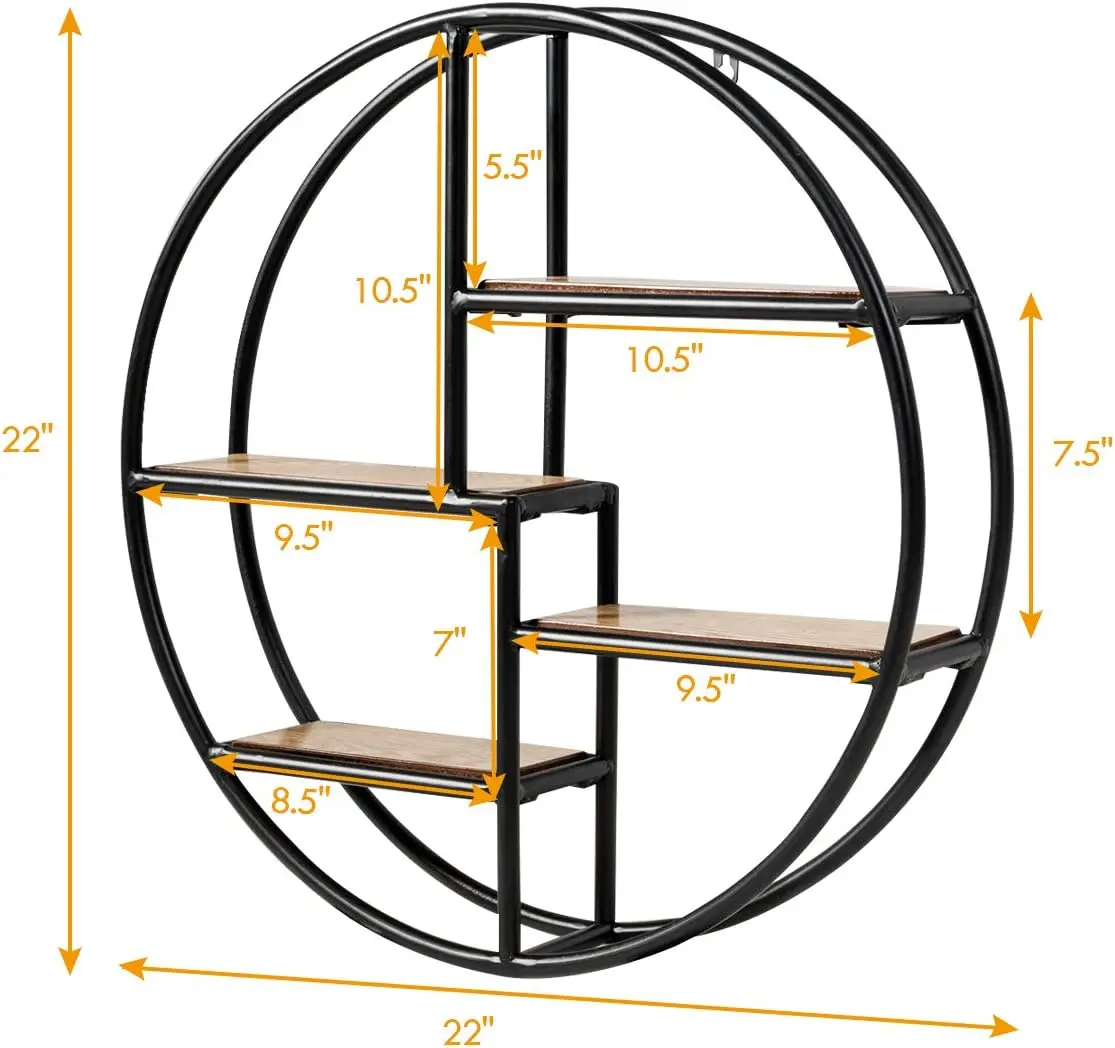 

Round Wall , Wall-Mounted Circular , Wood & Iron Wall Hanging Shelves, 4-Tier Circle Wall Decor for Office, Circular Float