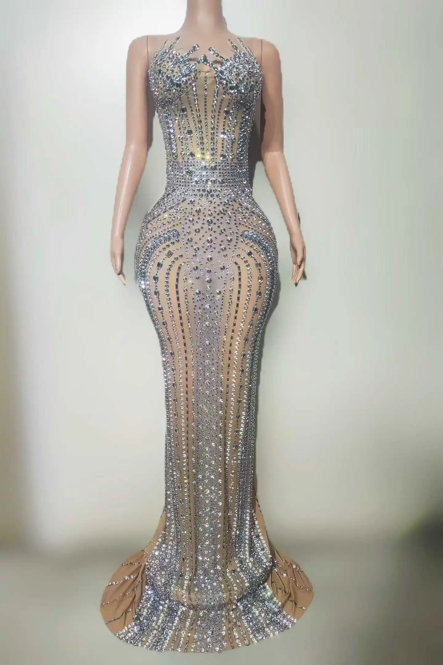 

Luxury Floor Length Rhinestone Sparkly Dress For Women Birthday Party Prom Evening Night Club Stage Wears Shanyao