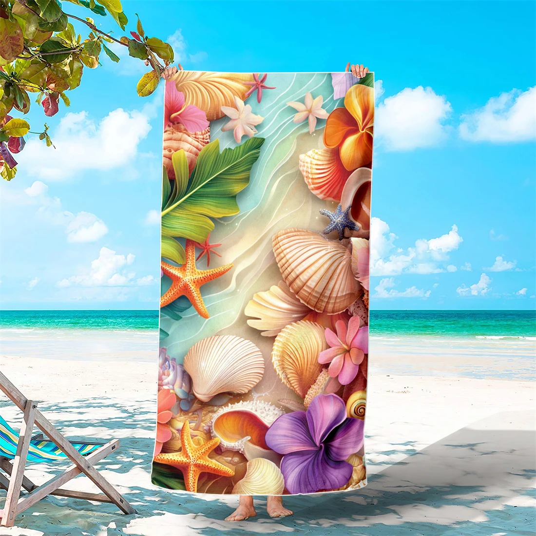 

1/2Pcs (31in/35in)&(63in/71in) Tropical Seashell Starfish Beach Towel, Watercolor Ocean Wave Quick Dry Towel, Oversized