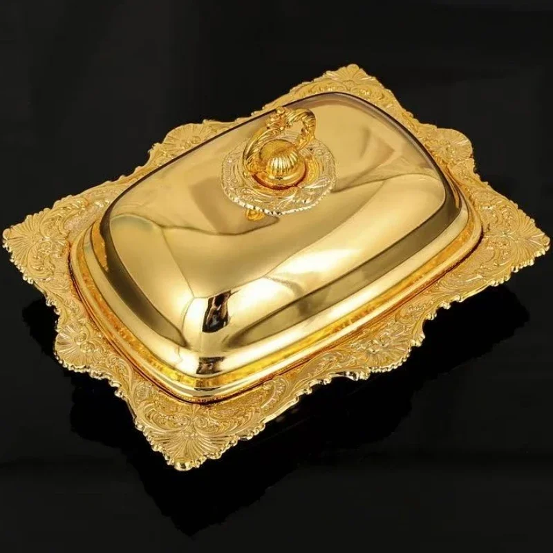 European Fruit Butter Cheese Tray,With lid Metal Bark Texture Shape Exquisite Golden Cake Plate,Snack Plate Wedding Decoration