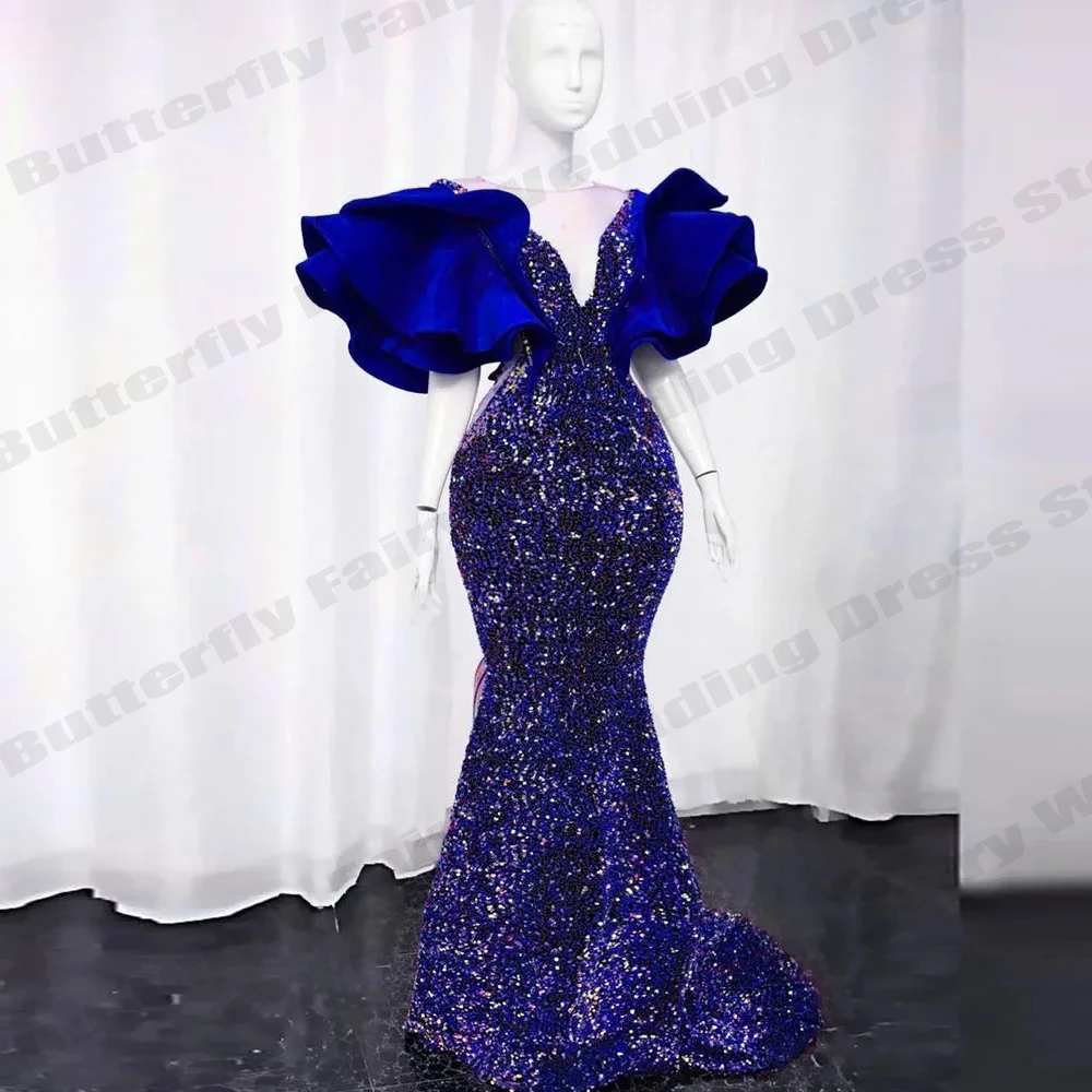 Vestido De noche azul real con cuello en V para mujer, traje De sirena brillante con borde De volantes, vestidos De princesa para baile De graduación, moda De celebridades, 2023