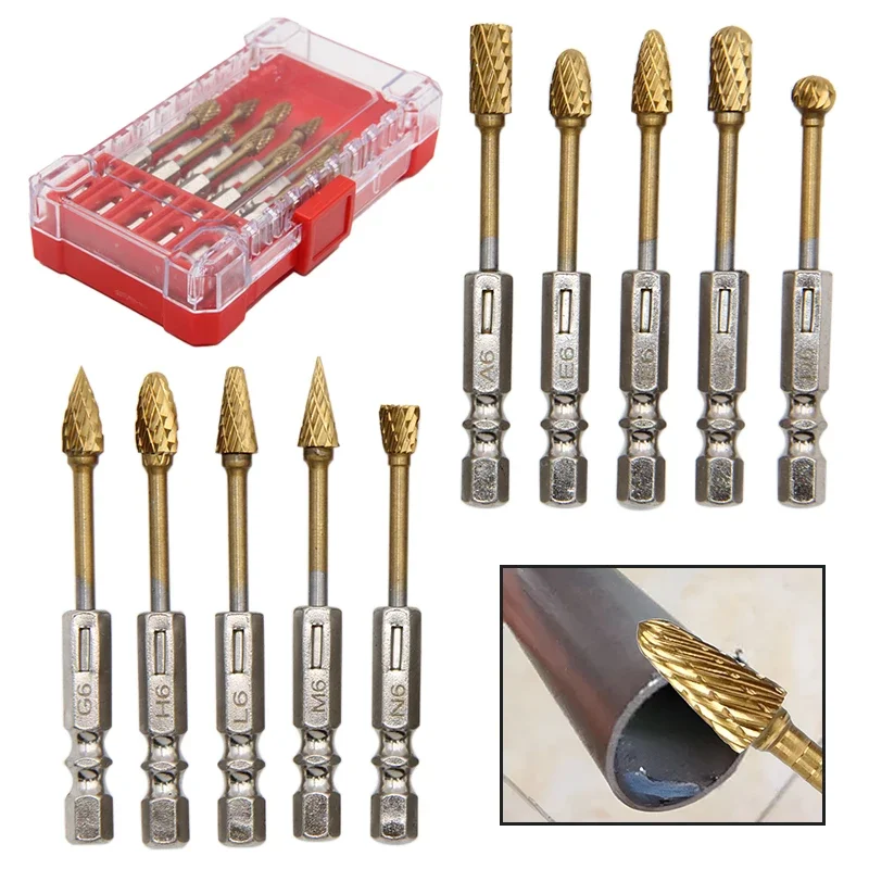 10Pcs Carbide Rotary Burr Set 1/4 Inch Hex Shank Double Cut Carving Burr Bits for Metals Jade Stone Wood Engraving Tool