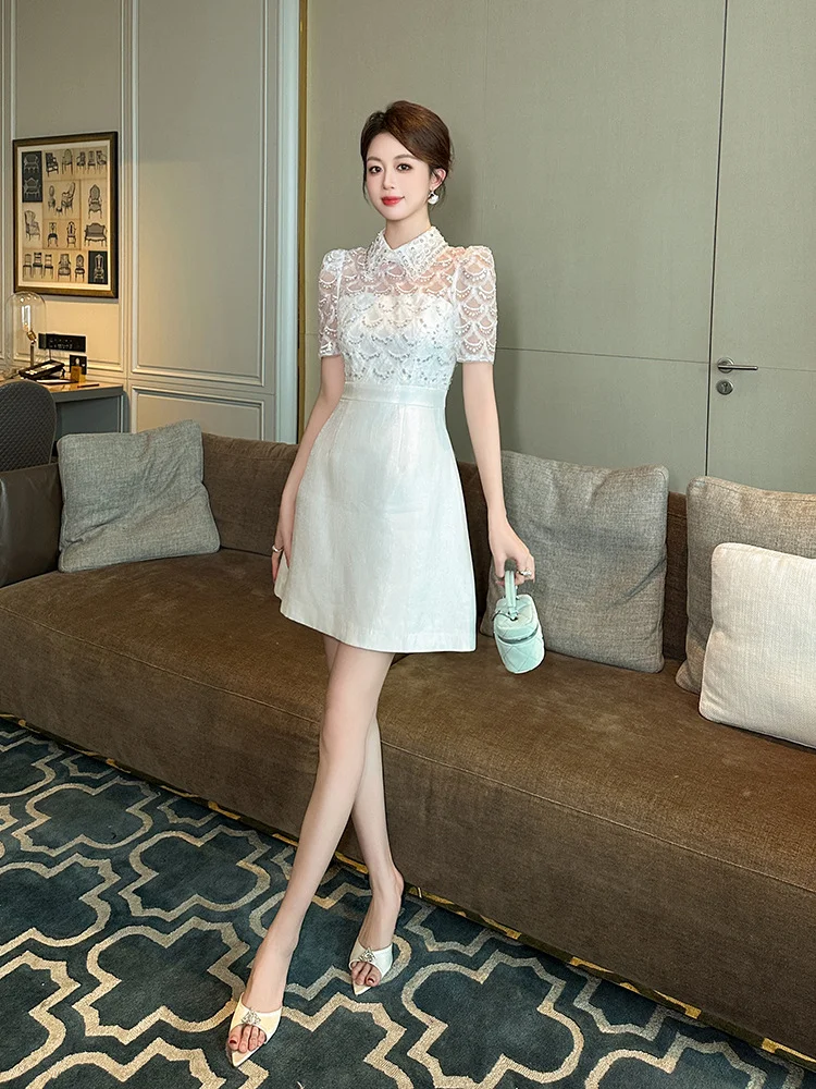 ชุดเดรสทรงเอ สีขาว สำหรับผู้หญิง ฤดูร้อน รุ่นใหม่ สไตล์ฝรั่งเศส หวานละมุน ผ้าซาติน ใส่สบาย เหมาะสำหรับใส่ในชีวิตประจำวัน