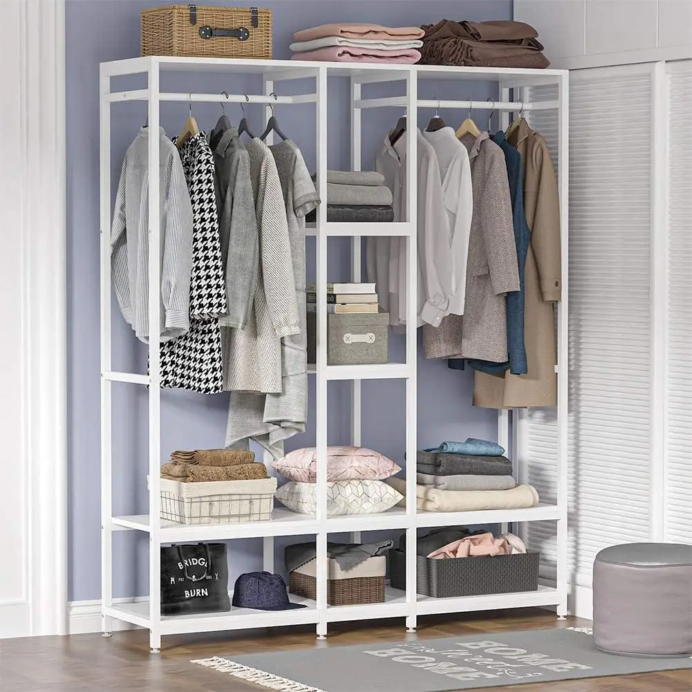 Double Rod Free Standing Closet Organizer, armazenamento de roupas com prateleiras, Garment Rack, Heavy Duty, Roupeiro