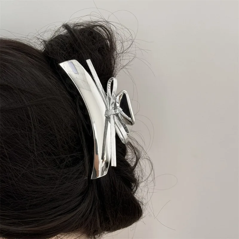 High-Grade Plastic Leather Bow Silver Grip Light Luxury Temperament Elegant High-Grade Barrettes Hairware