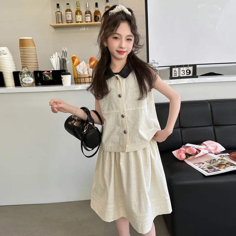 

Girls Suits Korean Version Fashionable Coat Summer 2024 New Children Casual Vest Skirt Summer Dress Two-piece Set Clothes