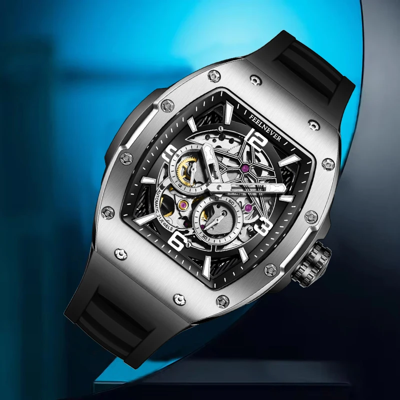 FeelNever NEW Fashion Mechanical Man Watch Luxury Hollow Silicone Automatic Watches for Men Waterproof Casual Sports Wristwatch
