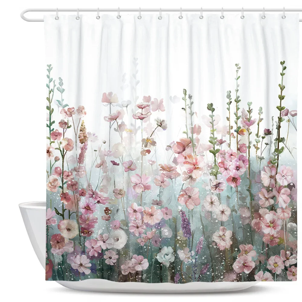 

Colorful Floral Shower Curtain with 12 Hooks Bathroom Curtains Multi Size Waterproof Fabric Shower Bath Curtain Home Decoration