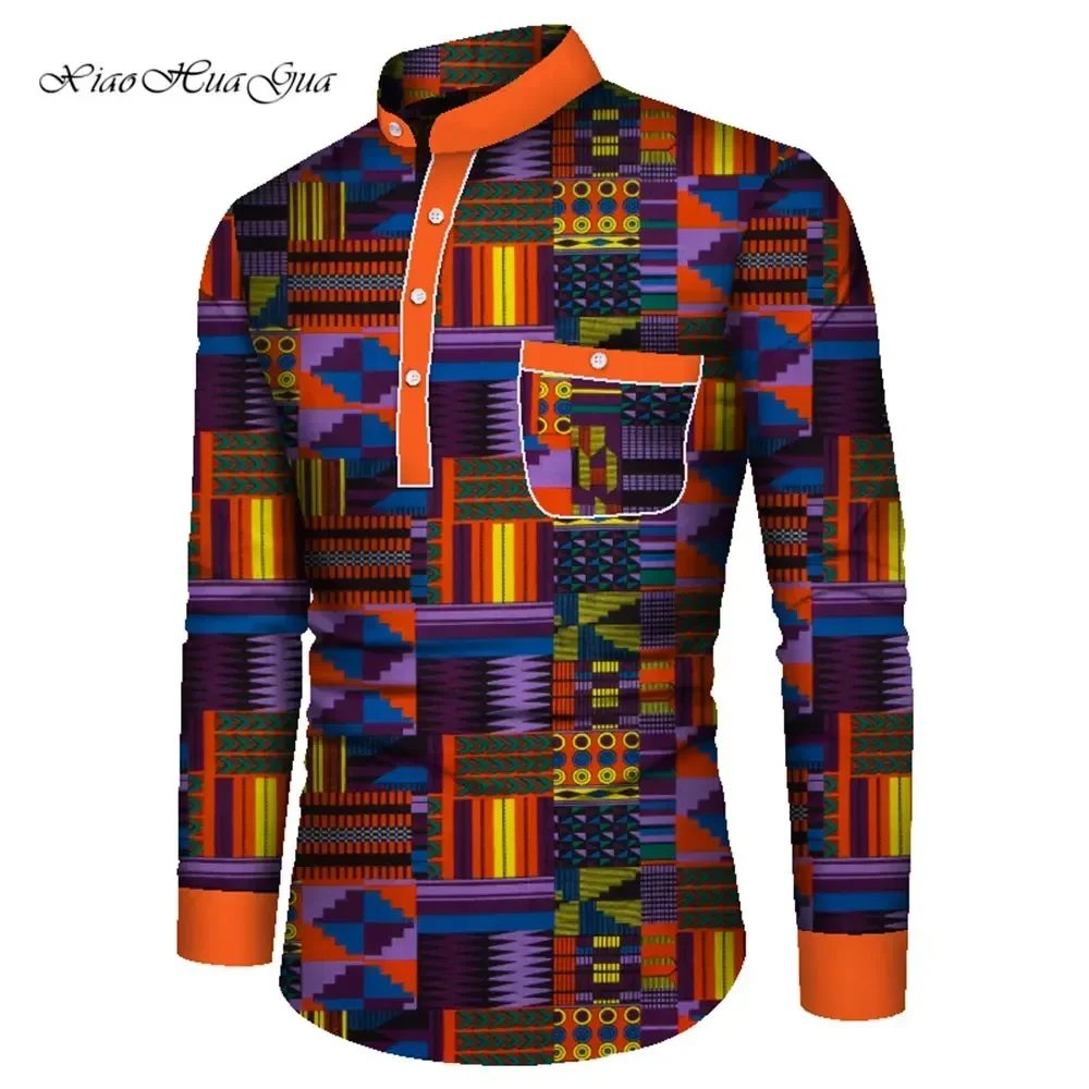 Bazin Riche Men Dashiki Shirt Traditional African Clothes for Men Long Sleeve Cotton Tops African Print Causal Shirts WYN861