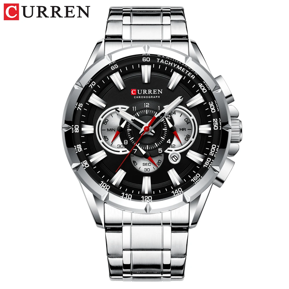 CURREN Men\'s Watch Casual Sports Chronograph Stainless Steel Strap Large Dial Quartz Waterproof Luminous Clock Relogio masculino