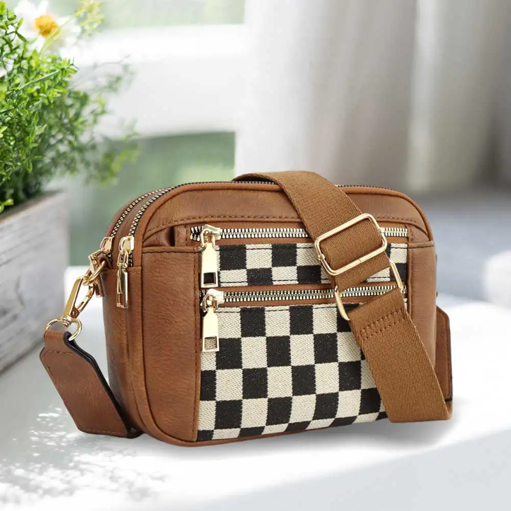 

Women PU Checkered Tote Bag Zipper Closure Stylish Crossbody Bag Adjustable Strap Plaid Carrying Bag Multi-pockets Chic Hobo Bag