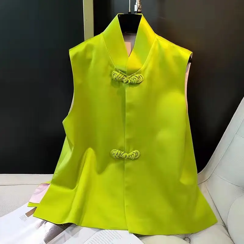 

Green acetic acid satin vest, Chinese style women's clothing, stand up collar, inner lining, silk jacquard, pipa buckle, jacket