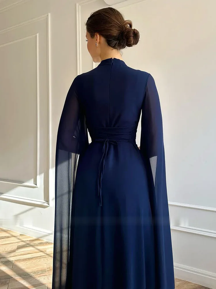 Elegante Hohe Taille Plissee Prom Kleider Damen Oansatz Herbst Chiffon Kleid Sexy Aushöhlen Lange Ärmel Einfarbig Party Kleid