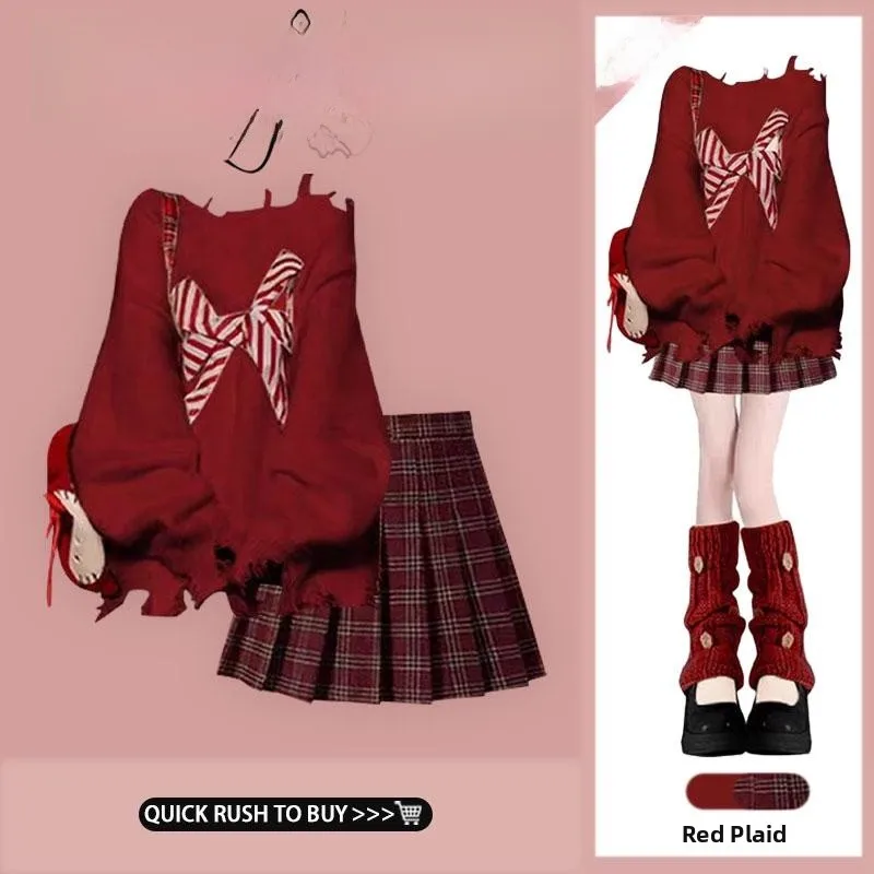 

Soft Cozy oulder Bared Sweater Women's Autumn Winter Knot Hanging Ne Knitted Clothes Set High Waist Pleated Min...