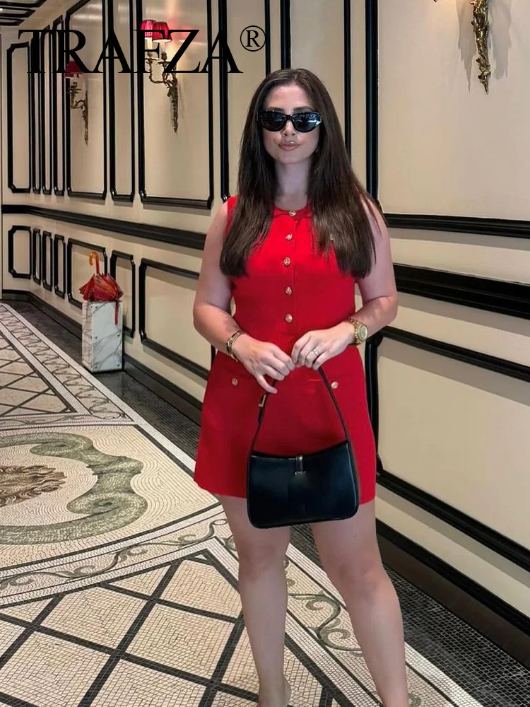 TRAFZA 2024 Female Casual Dress Knitted O-Neck Sleeveless Slim Single Breasted Short Dresses Chic Elegant Woman Mini Dress