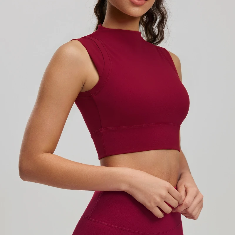 2026 Small Turtleneck Sports Vest Double-Sided Brocade High Elastic Shock-Proof Yoga Underwear with Fixed Cup Gathered Design