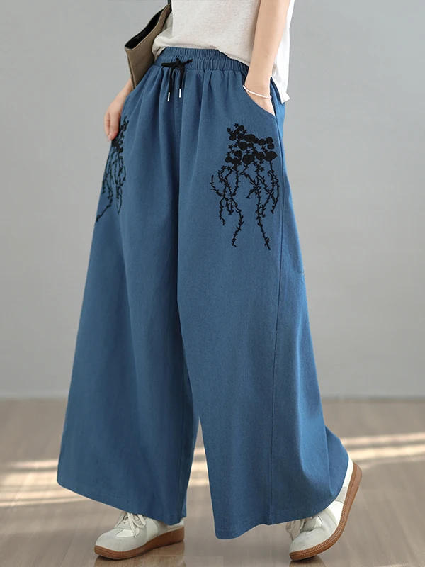 

Retro Embroidered Loose Women's Jeans Elastic Waist Casual Wide Leg Pants Versatile plus Size Cotton Polyester Blend Denim