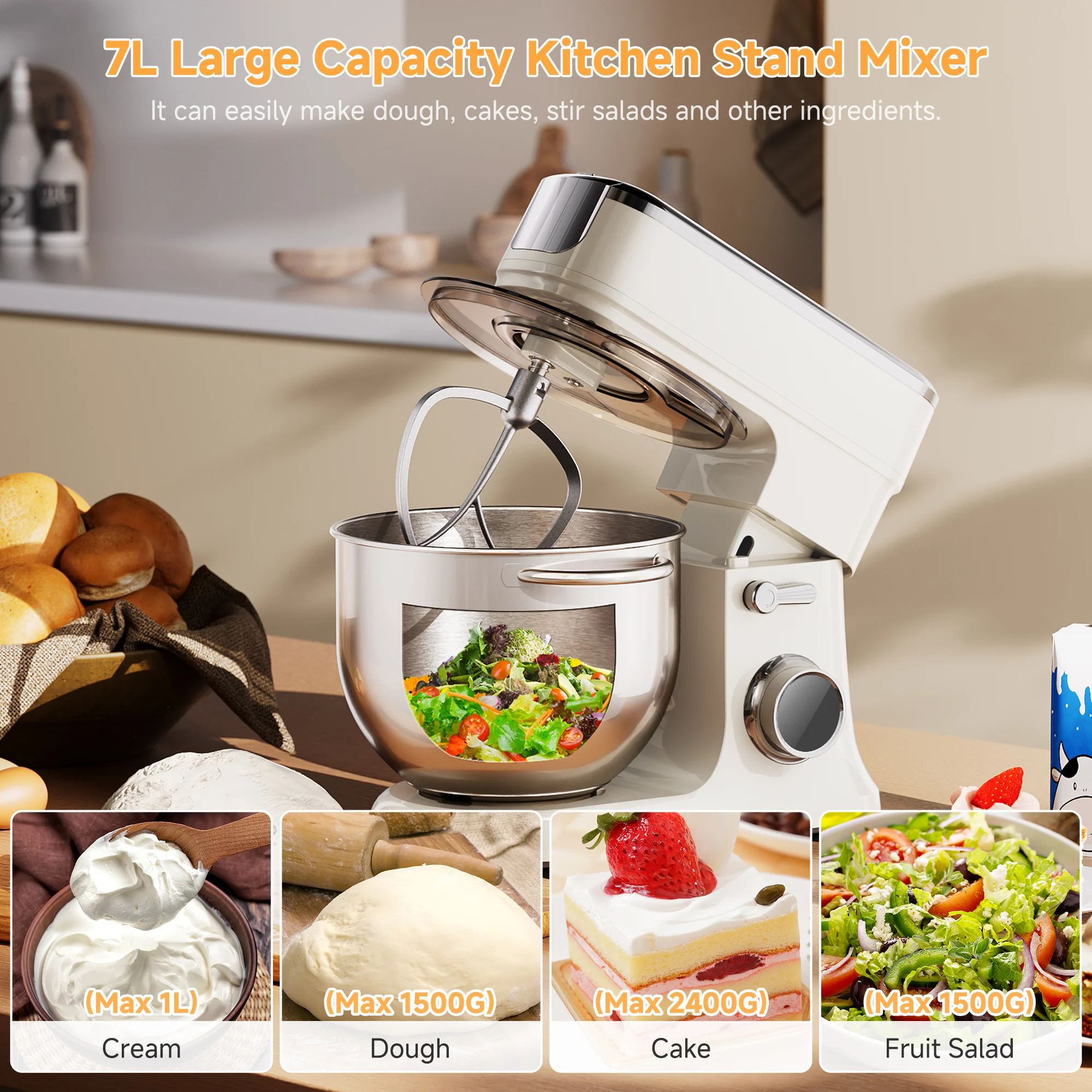 Batidora de Alimentos BioloMix de 7L para Repostería, Batidora de Pedestal con Motor de CC de 1200W, con Gancho para Amasar, Batidor y Varillas, Accesorio para Picar Carne