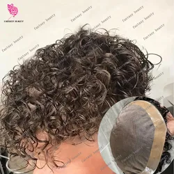 20mm Curly Black Brown Toupee for Men Super Durable Breathable Fine Mono Lace&PU 15mm 10mm weaves Human Hair Prosthesis Male Wig