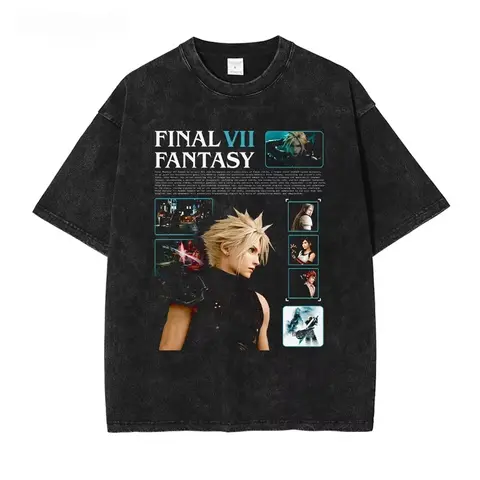 Cloud Strife T Shirt Hip Hop PC Game Final Fantasy Vii Vintage Washed Tops Tees Oversized Short Sleeve T-shirt Man 100% Cotton
