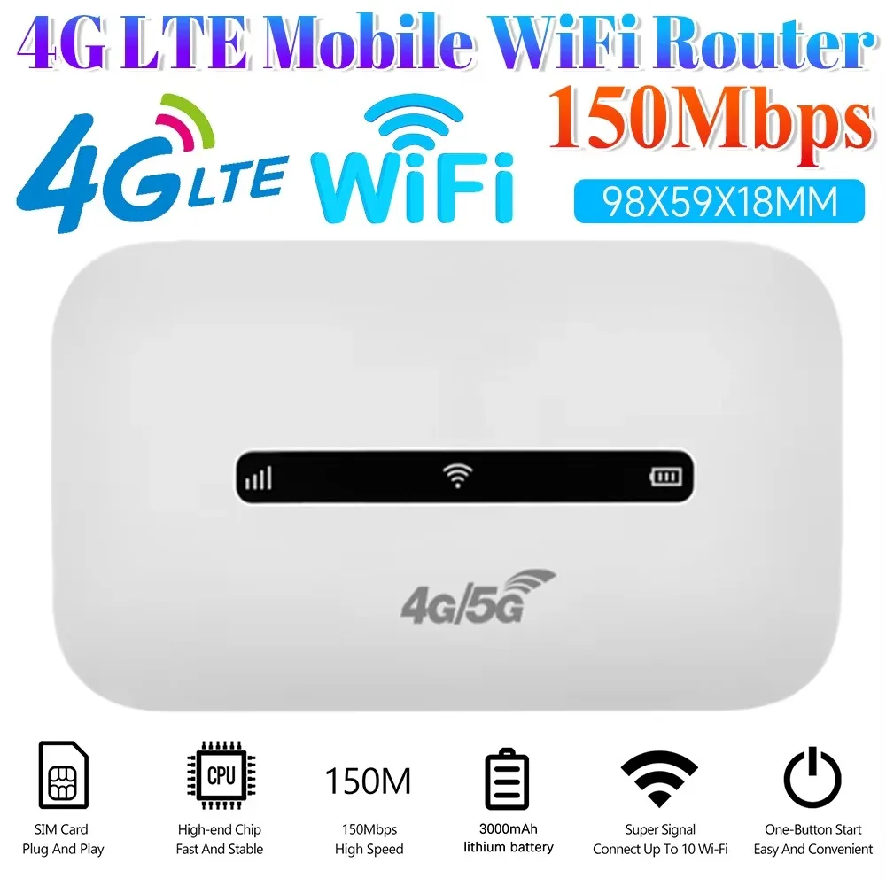 

Портативный маршрутизатор с точкой доступа 3000 мАч 4G LTE, универсальный картой Sim-карты, 150 Мбит/с, карманный Wi-Fi-маршрутизатор, мини-карманная мобильная точка доступа, путешествия онлайн
