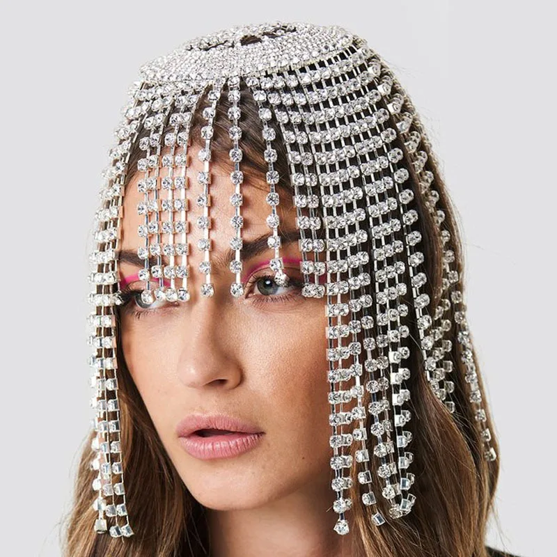 

Hiphop Short Fringed Hair Chain Headband Performance Women Nightclub Crystal Headwear Personality Punk Headpiece Head Wig Chain