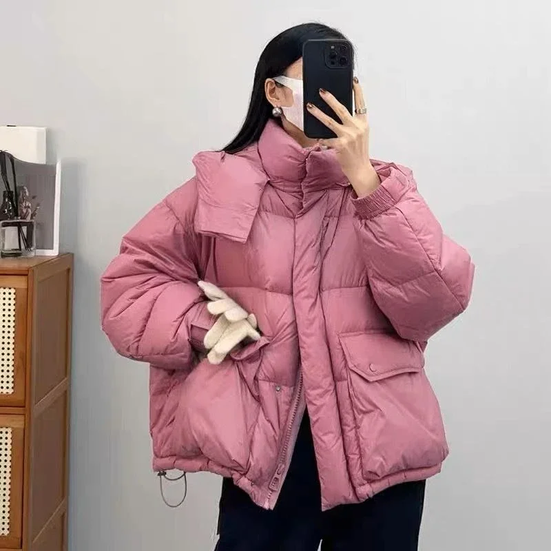 2023 Winter New Fashion White Duck Down Short Jacket Parkas Women Luxury Thick Warm Loose Hooded Puffer Coat Outwear