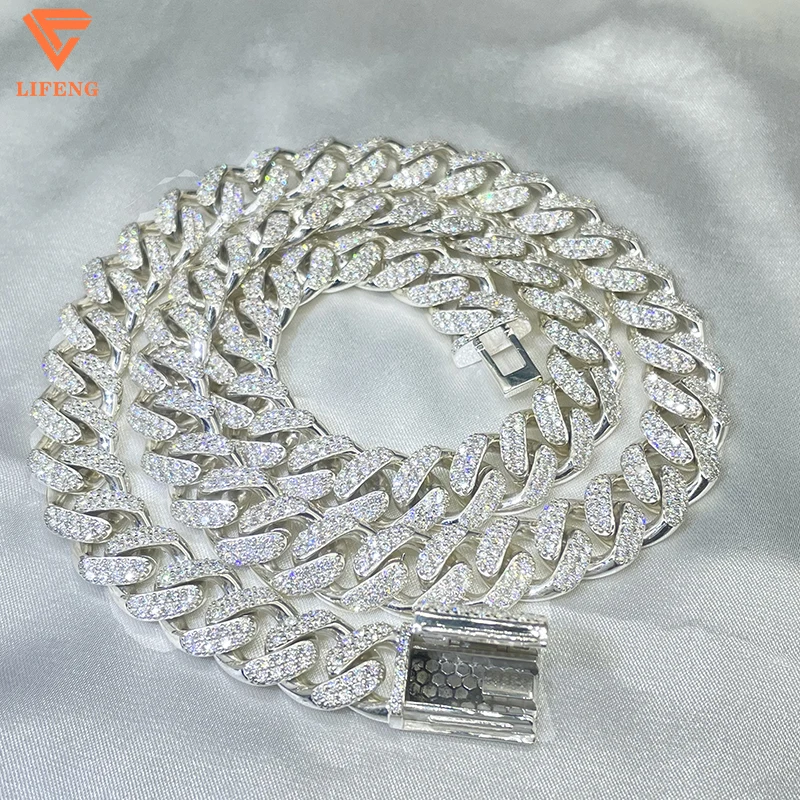 

Lifeng jewelry Hip Hop 10mm Iced Out VVS Moissanite Cuban Link Chain 925 Silver Jewelry Necklace For Men